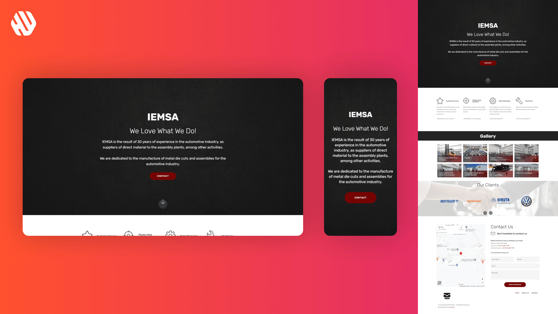 IEMSA brand website mockup layout displaying company slogan, services, gallery, clients, and contact information.